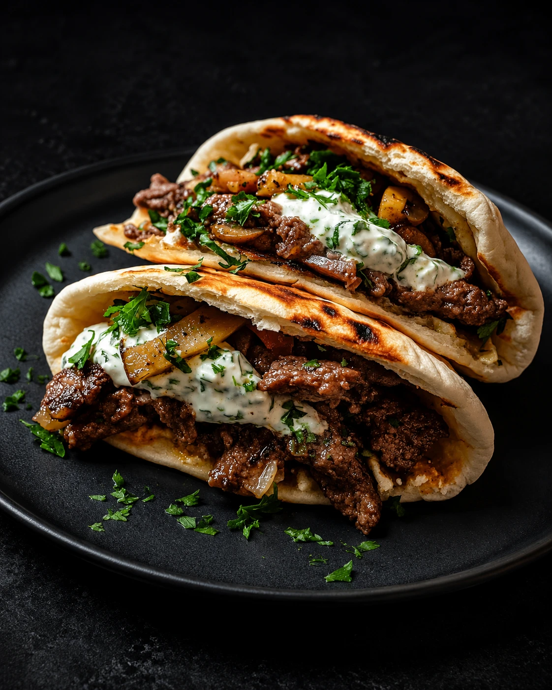 Shawarma packed into warm pita bread with parsley and spring onion