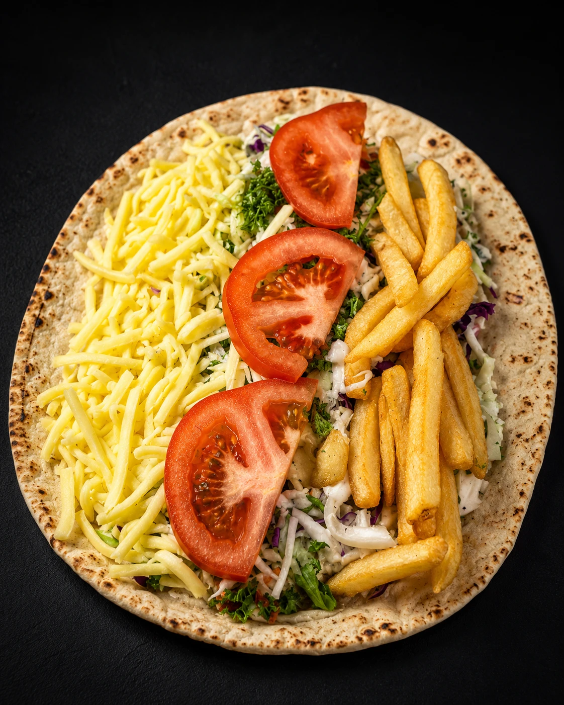 A special kebab flatbread opened flat, loaded with grated cheese, tomato, fresh salad and chips